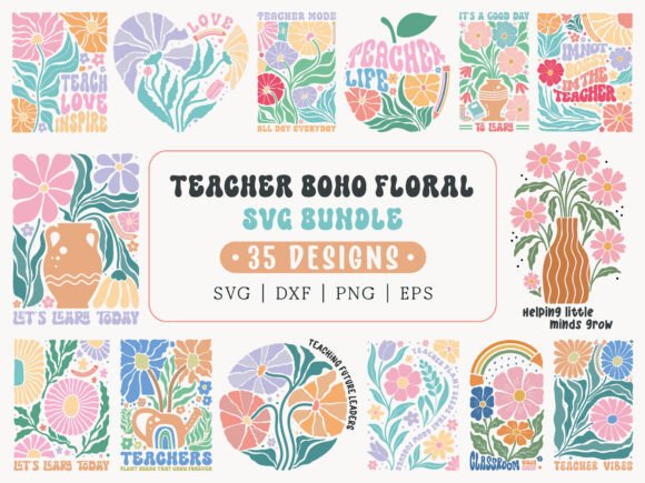 Teacher Boho Floral SVG Bundle: Graphics for Crafts